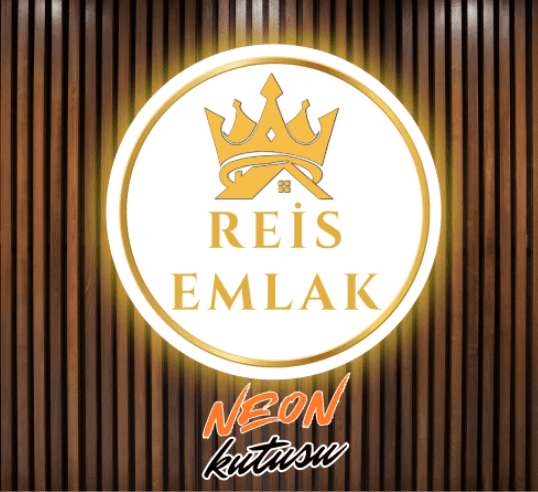 Özel Tasarım Emlak Dairesel Neon Kutu Tabela | Gold Işıklı Ahşap Zeminli Şık Tabela