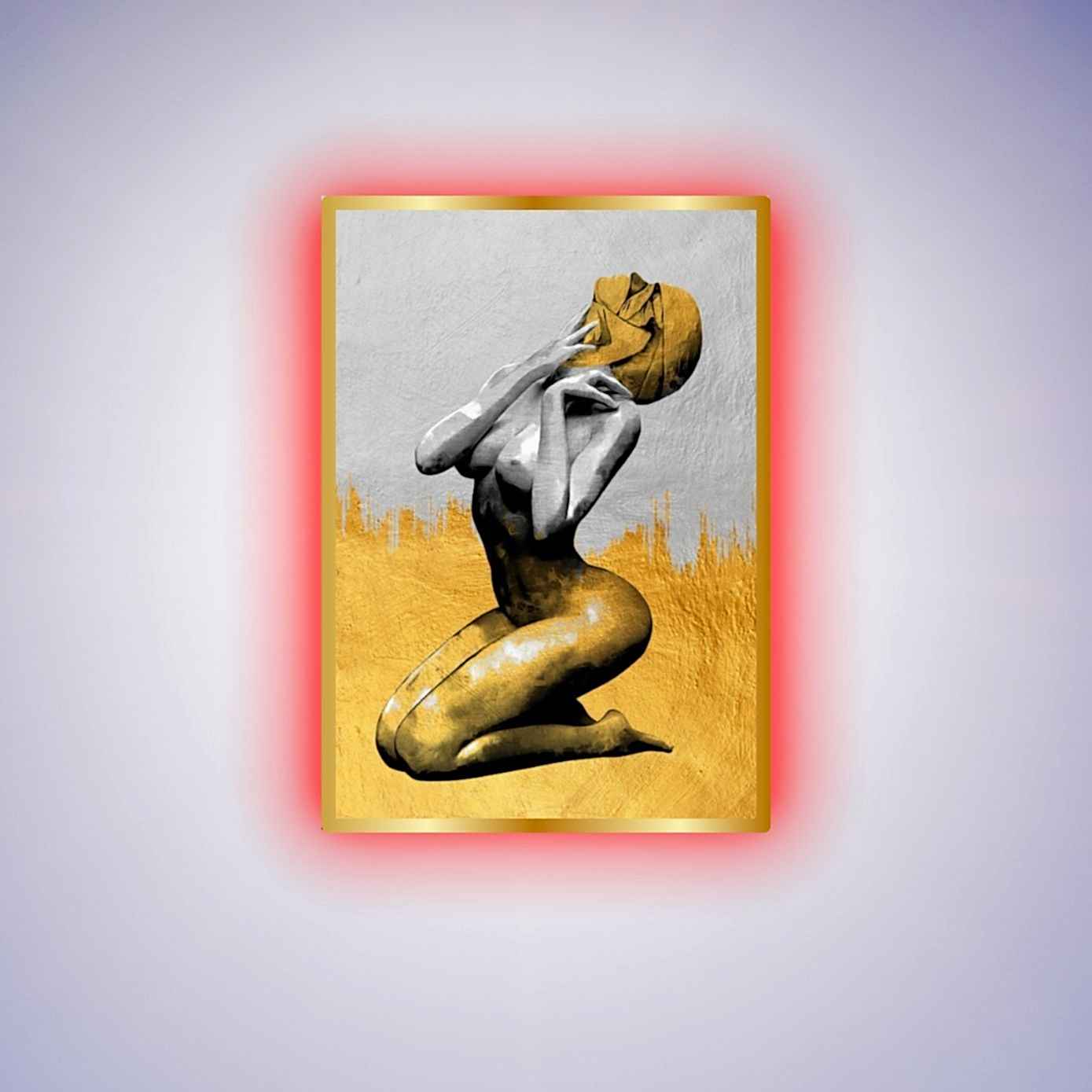 Kırmızı LED Işıklı Altın Vücut Sanatı Kanvas Tablo: Duygusallığın ve Lüksün İfadesi